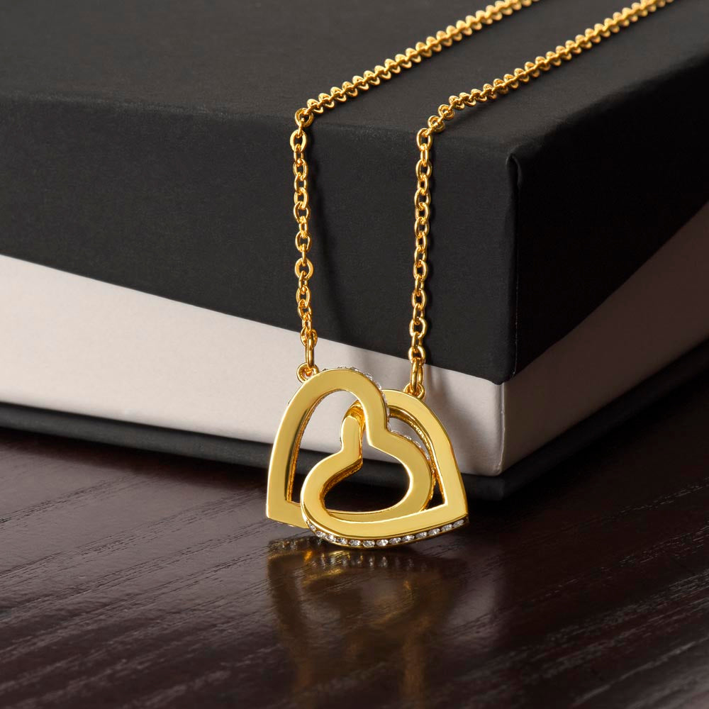 Interlocking Hearts Necklace polished surgical steel and rose gold finish or 18k yellow gold finish with CZ crystals (No Message Card)