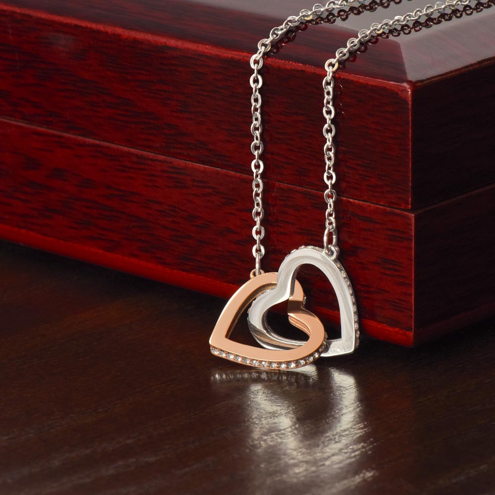 Interlocking Hearts Necklace polished surgical steel and rose gold finish or 18k yellow gold finish with CZ crystals (No Message Card)