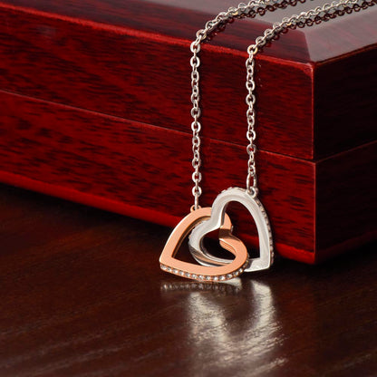 Interlocking Hearts Necklace polished surgical steel and rose gold finish or 18k yellow gold finish with CZ crystals (No Message Card)