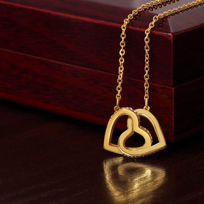 Interlocking Hearts Necklace polished surgical steel and rose gold finish or 18k yellow gold finish with CZ crystals (No Message Card)