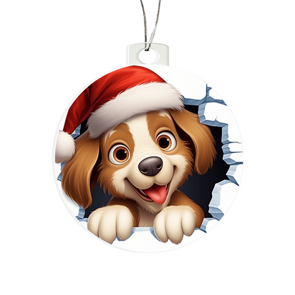 Adorable Puppy in Santa Hat - Acrylic Ornament w/Optional Gift Box