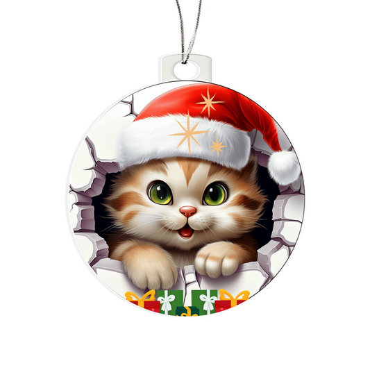 Colorful Christmas Kitty with Gifts to Give - Acrylic Ornament w/Optional Gift Box