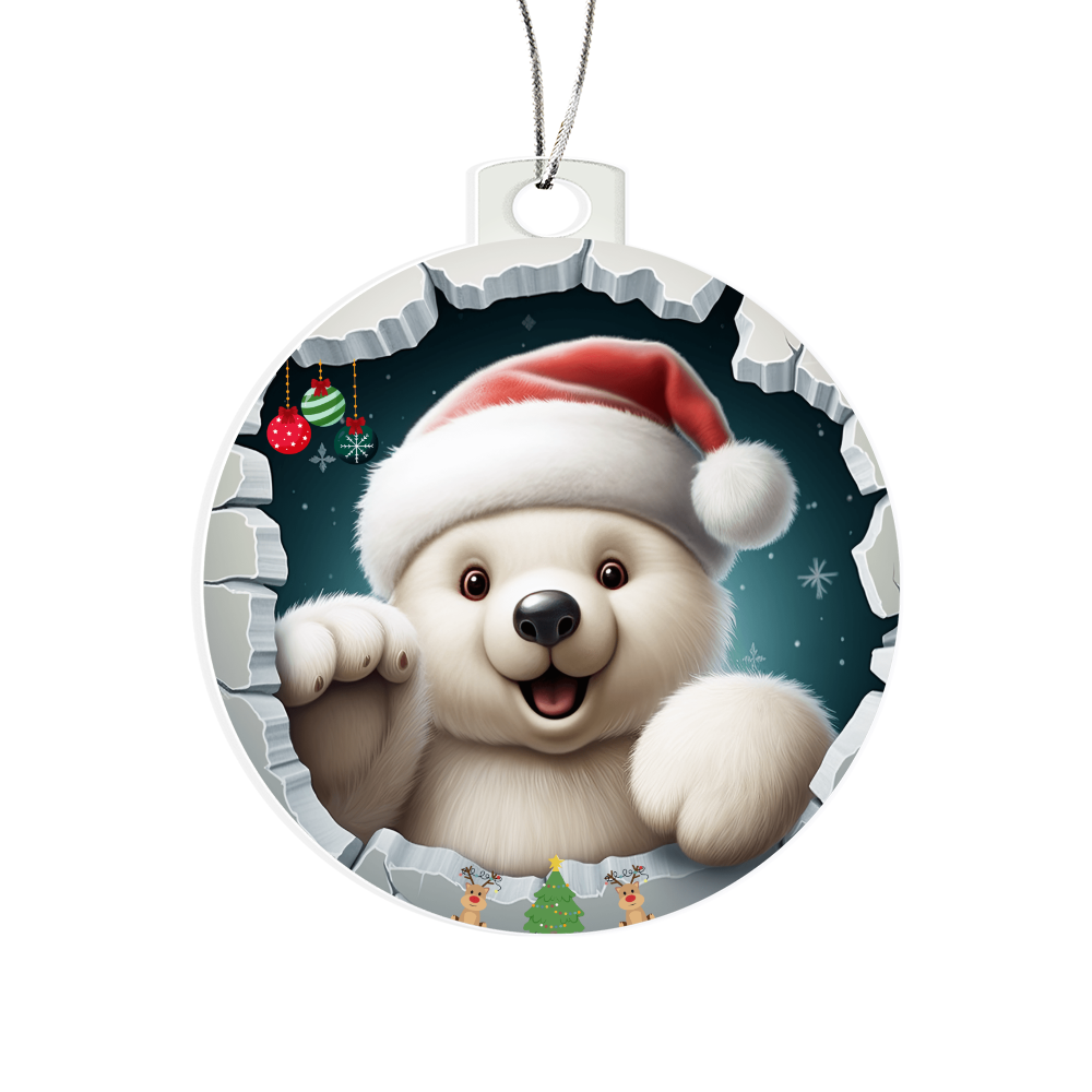 Cuddly Polar with Santa Hat and Gifts  - Acrylic Ornament w/Optional Gift Box