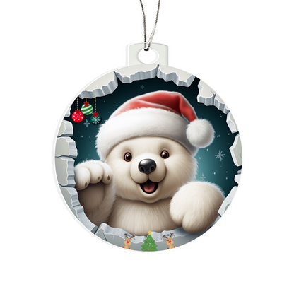 Cuddly Polar with Santa Hat and Gifts  - Acrylic Ornament w/Optional Gift Box