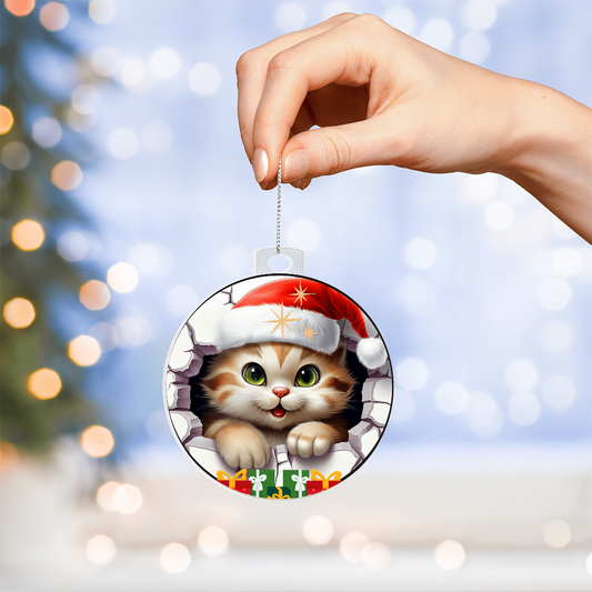 Colorful Christmas Kitty with Gifts to Give - Acrylic Ornament w/Optional Gift Box