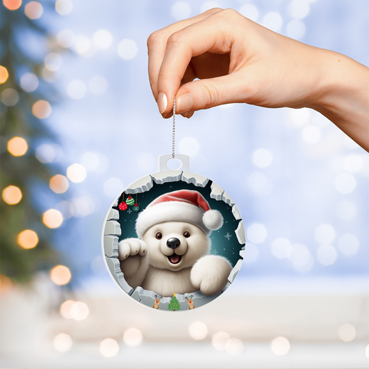 Cuddly Polar with Santa Hat and Gifts  - Acrylic Ornament w/Optional Gift Box