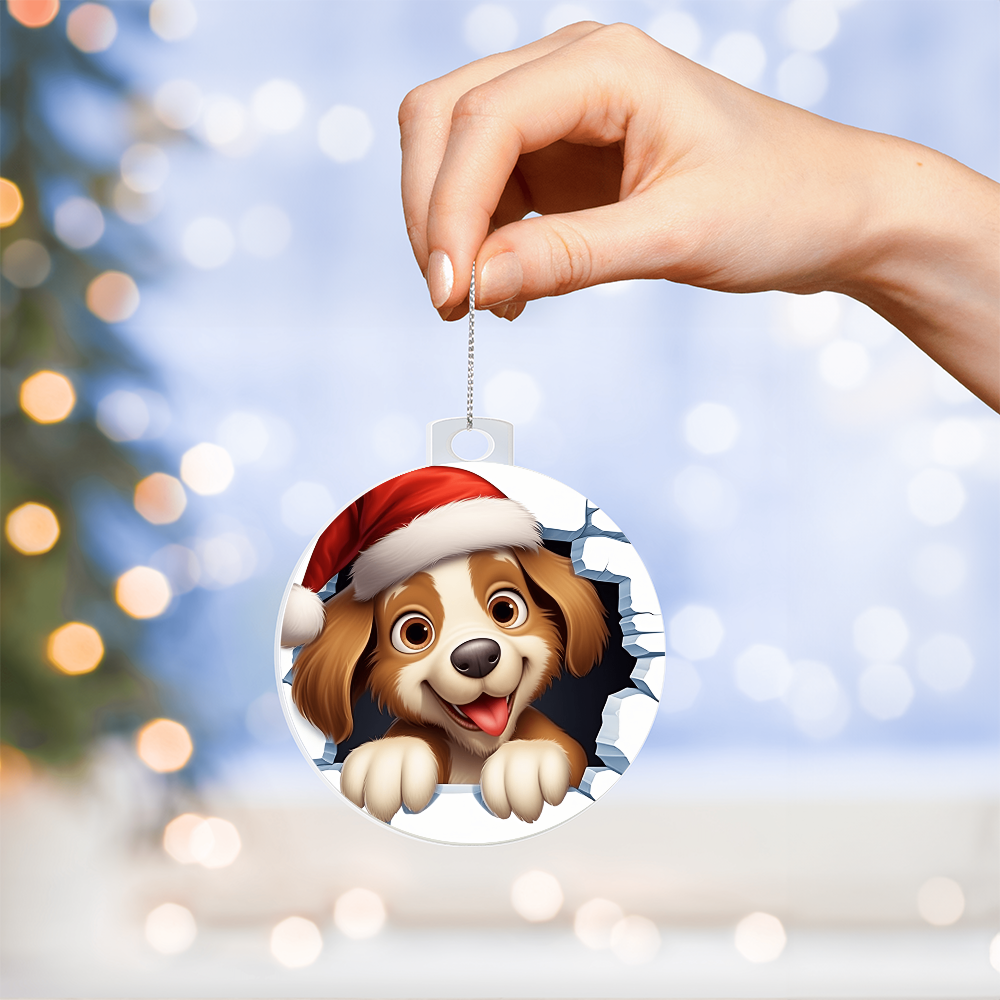 Adorable Puppy in Santa Hat - Acrylic Ornament w/Optional Gift Box