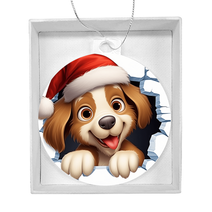 Adorable Puppy in Santa Hat - Acrylic Ornament w/Optional Gift Box