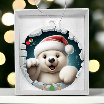 Cuddly Polar with Santa Hat and Gifts  - Acrylic Ornament w/Optional Gift Box