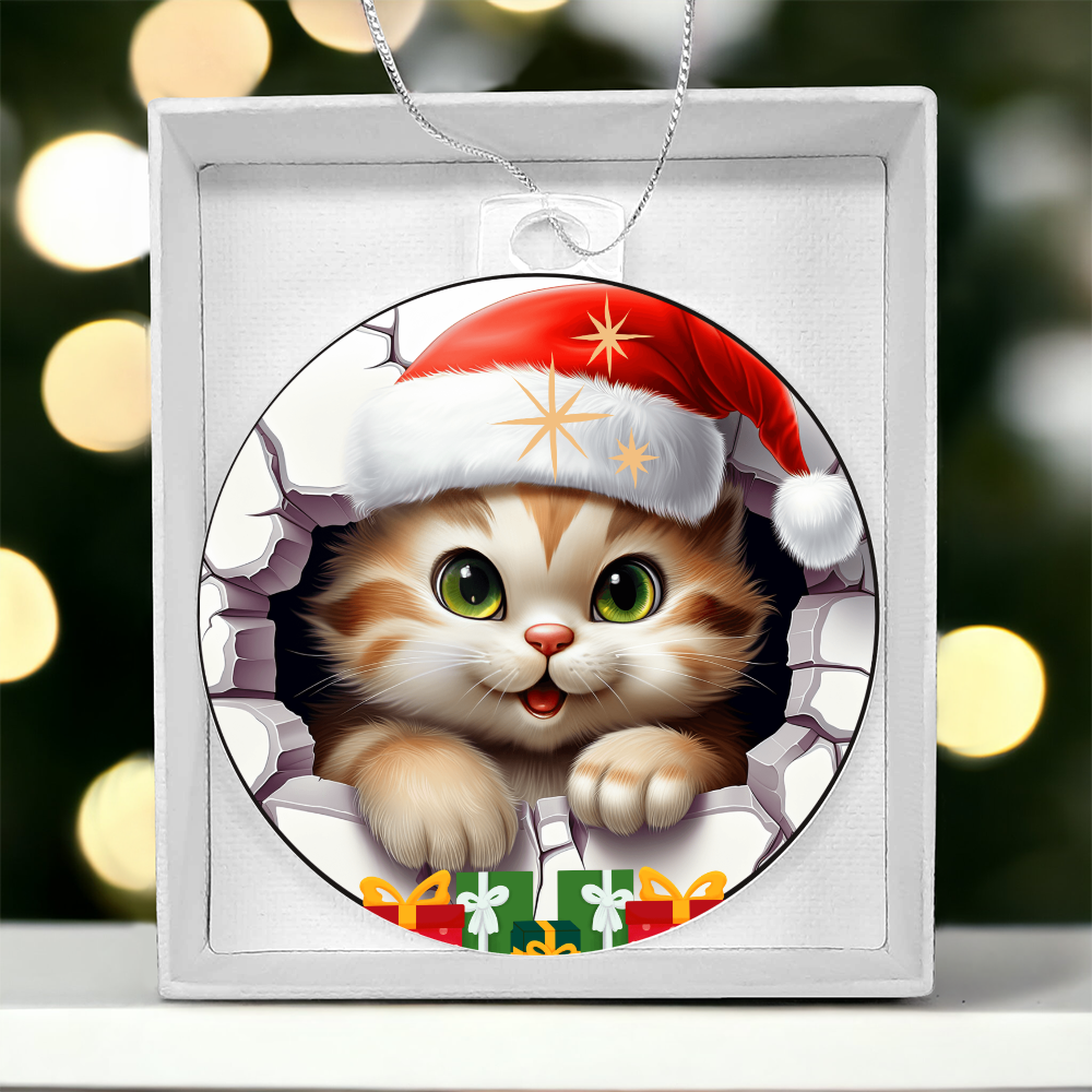 Colorful Christmas Kitty with Gifts to Give - Acrylic Ornament w/Optional Gift Box