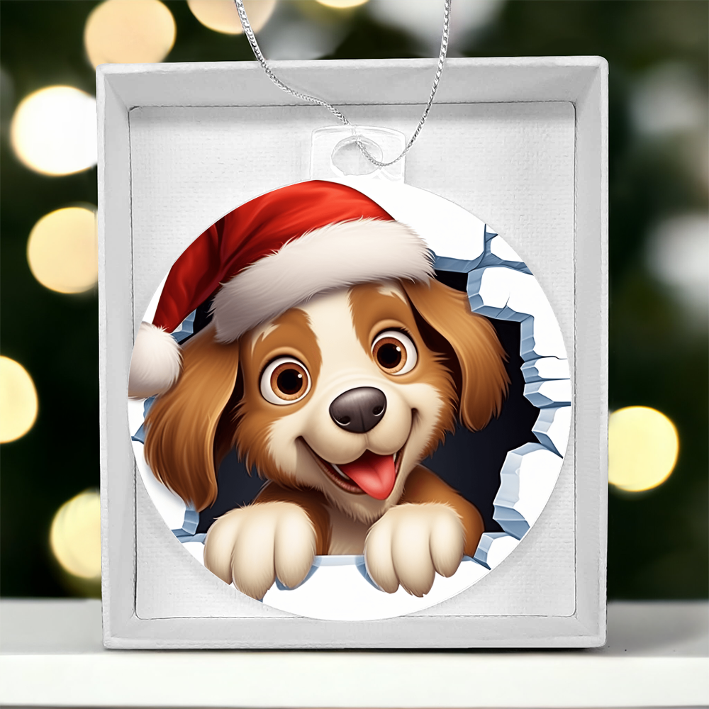 Adorable Puppy in Santa Hat - Acrylic Ornament w/Optional Gift Box