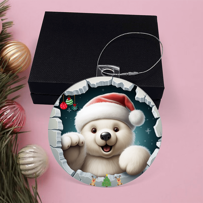 Cuddly Polar with Santa Hat and Gifts  - Acrylic Ornament w/Optional Gift Box