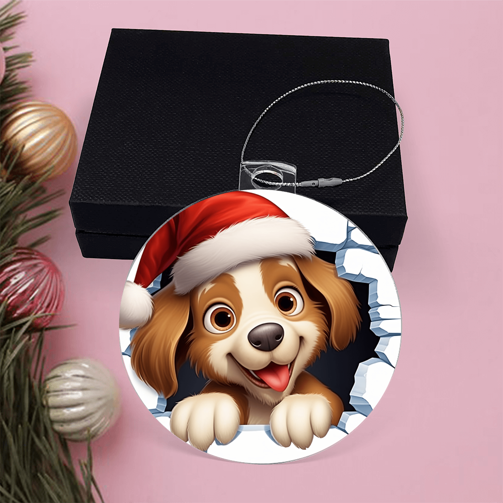 Adorable Puppy in Santa Hat - Acrylic Ornament w/Optional Gift Box