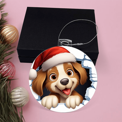 Adorable Puppy in Santa Hat - Acrylic Ornament w/Optional Gift Box