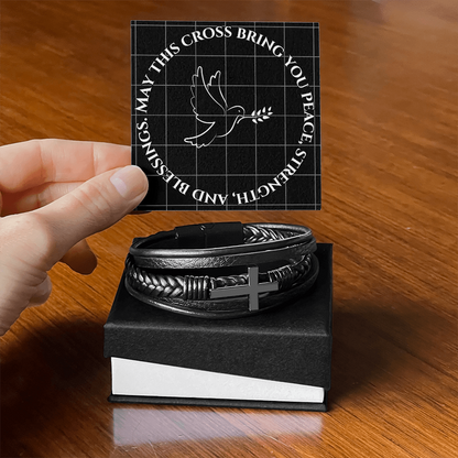 May This Cross Bring You Peace, Strength, and Blessings - Men's SS Cross Vegan Leather Bracelet
