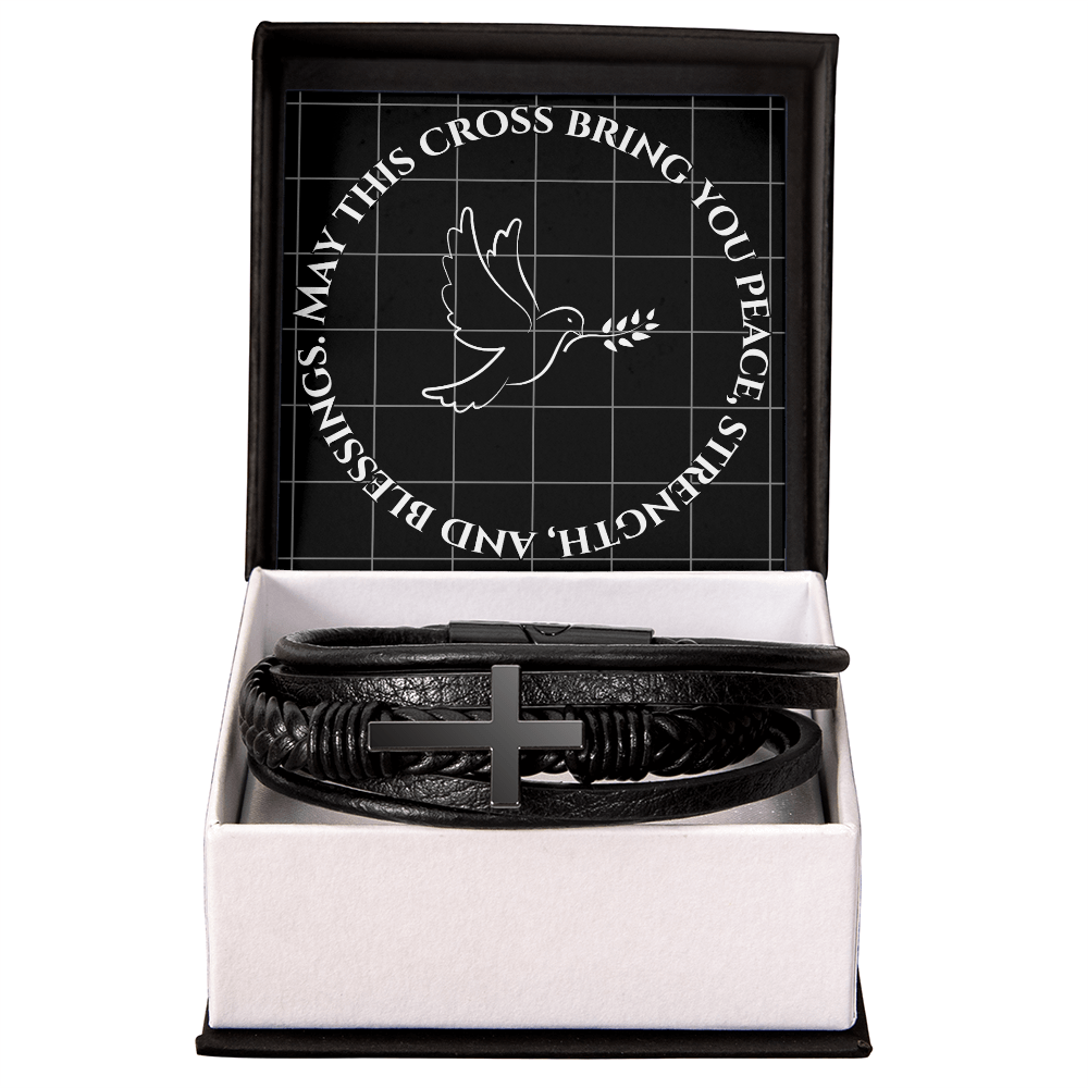 May This Cross Bring You Peace, Strength, and Blessings - Men's SS Cross Vegan Leather Bracelet