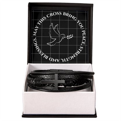 May This Cross Bring You Peace, Strength, and Blessings - Men's SS Cross Vegan Leather Bracelet