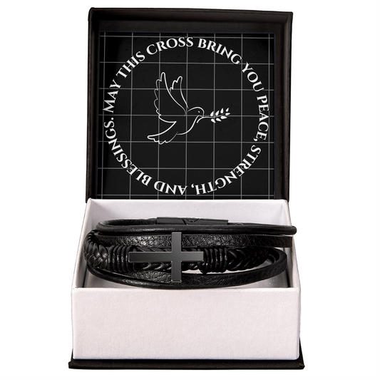 May This Cross Bring You Peace, Strength, and Blessings - Men's SS Cross Vegan Leather Bracelet