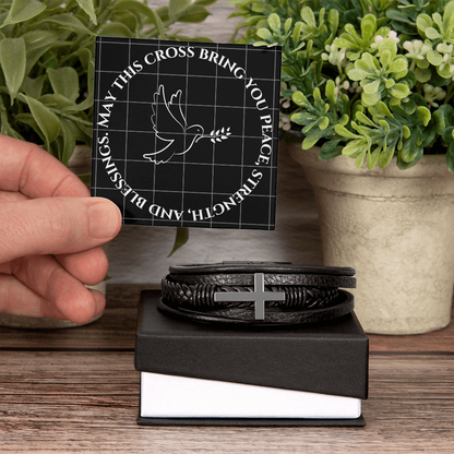 May This Cross Bring You Peace, Strength, and Blessings - Men's SS Cross Vegan Leather Bracelet