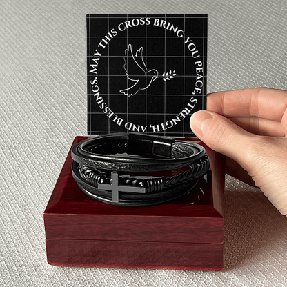 May This Cross Bring You Peace, Strength, and Blessings - Men's SS Cross Vegan Leather Bracelet