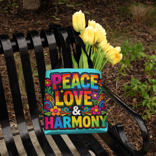 Peace Love and Harmony Boho Tote Bag in 3 Sizes and 5 Handle Colors