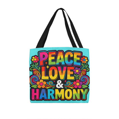 Peace Love and Harmony Boho Tote Bag in 3 Sizes and 5 Handle Colors