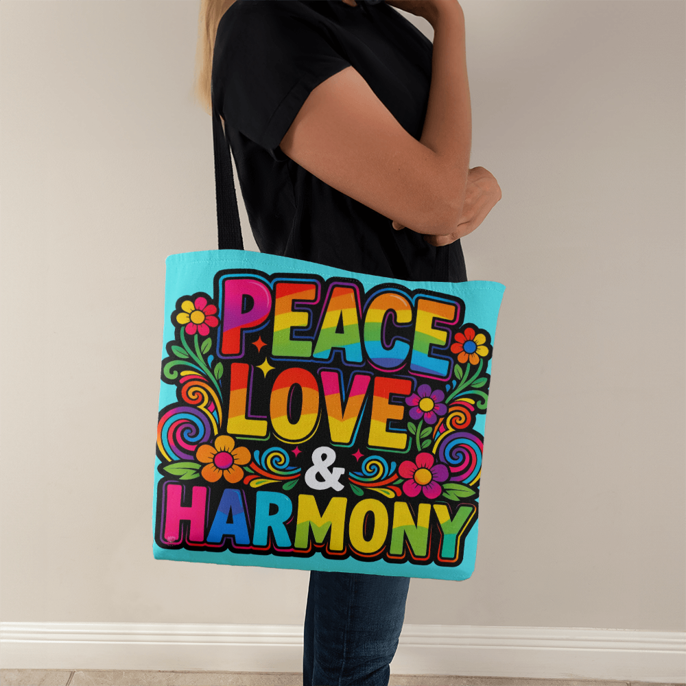 Peace Love and Harmony Boho Tote Bag in 3 Sizes and 5 Handle Colors
