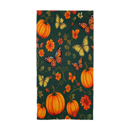 Colorful Pumpkins and Florals on a Dark Green Background - Large Luxurious Bath Towel