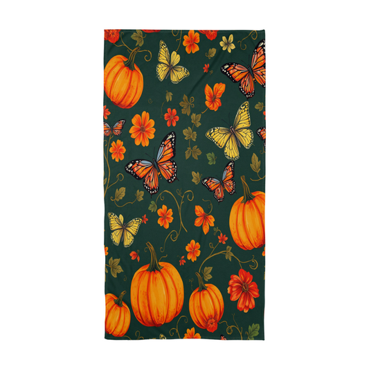 Colorful Pumpkins and Florals on a Dark Green Background - Large Luxurious Bath Towel