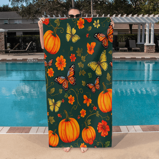 Colorful Pumpkins and Florals on a Dark Green Background - Large Luxurious Bath Towel