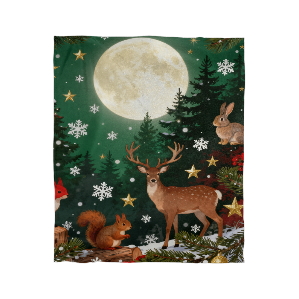 Forest Animals in Winter Snow Under a Full Moon - Mink Touch Fleece Blanket