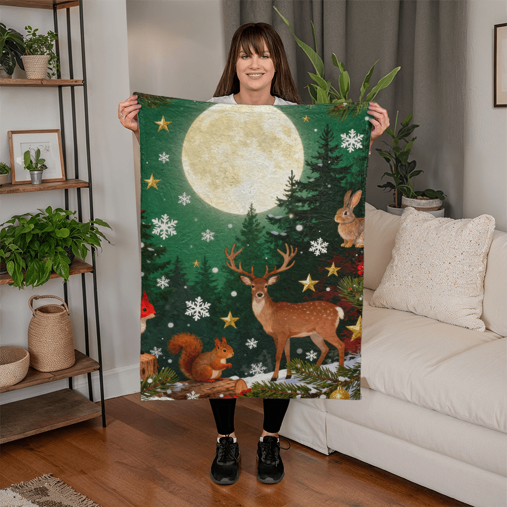 Forest Animals in Winter Snow Under a Full Moon - Mink Touch Fleece Blanket