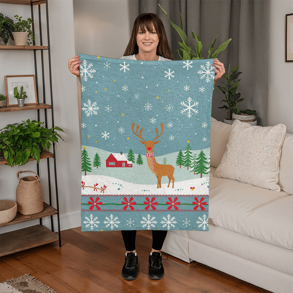 Red Nosed Deer in Rural Winter Scene - Mink Touch Fleece Blanket - so soft!