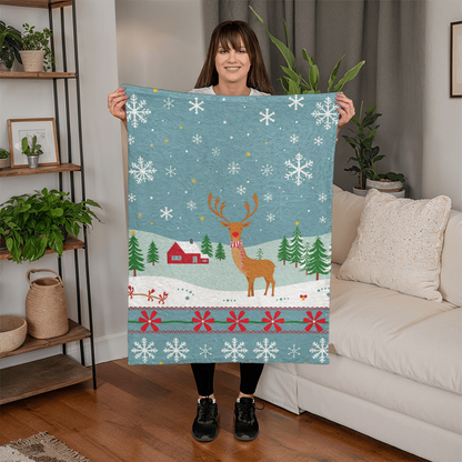Red Nosed Deer in Rural Winter Scene - Mink Touch Fleece Blanket - so soft!