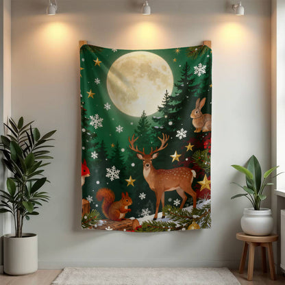 Forest Animals in Winter Snow Under a Full Moon - Mink Touch Fleece Blanket