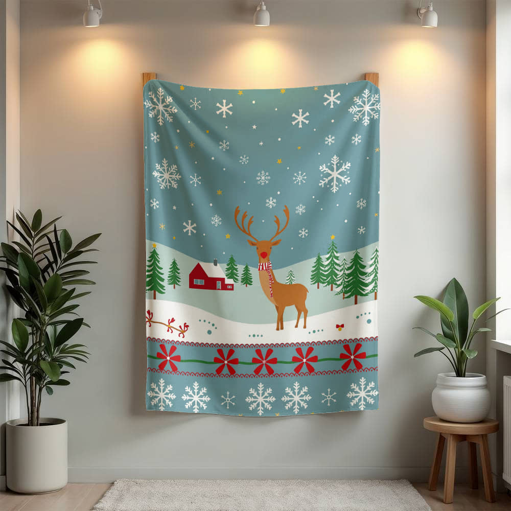 Red Nosed Deer in Rural Winter Scene - Mink Touch Fleece Blanket - so soft!