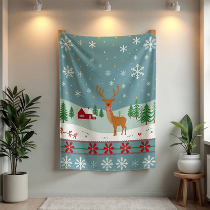 Red Nosed Deer in Rural Winter Scene - Mink Touch Fleece Blanket - so soft!