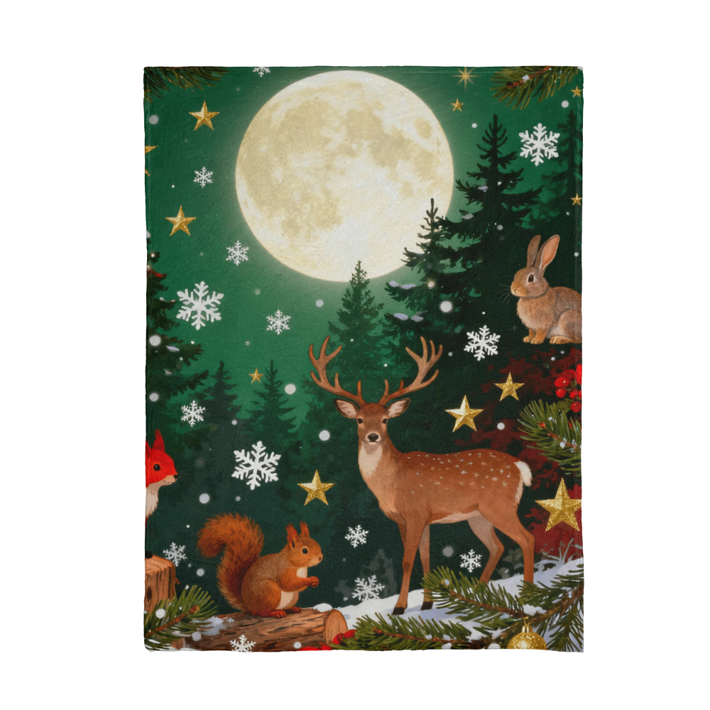 Forest Animals in Winter Snow Under a Full Moon - Mink Touch Fleece Blanket