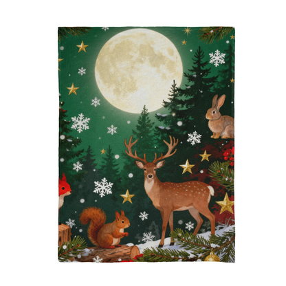 Forest Animals in Winter Snow Under a Full Moon - Mink Touch Fleece Blanket