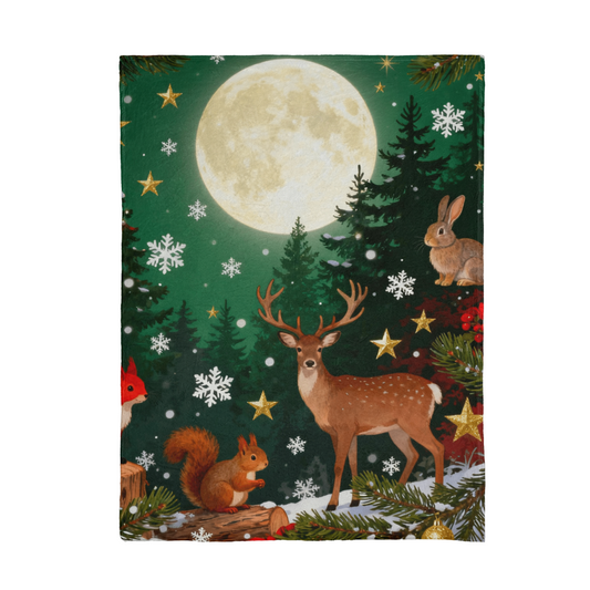 Forest Animals in Winter Snow Under a Full Moon - Mink Touch Fleece Blanket