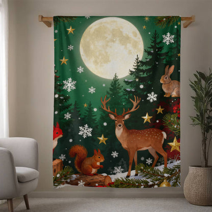 Forest Animals in Winter Snow Under a Full Moon - Mink Touch Fleece Blanket