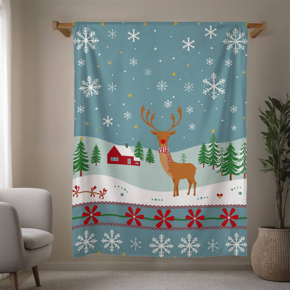 Red Nosed Deer in Rural Winter Scene - Mink Touch Fleece Blanket - so soft!