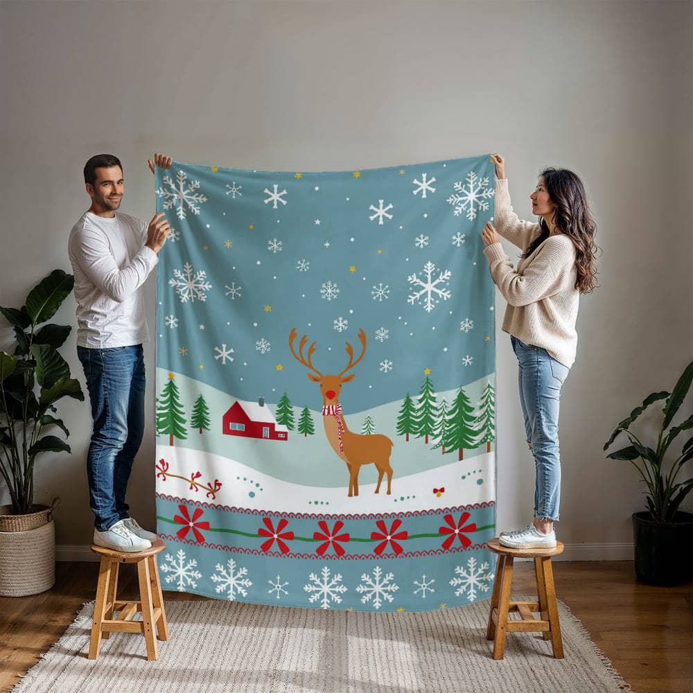 Red Nosed Deer in Rural Winter Scene - Mink Touch Fleece Blanket - so soft!