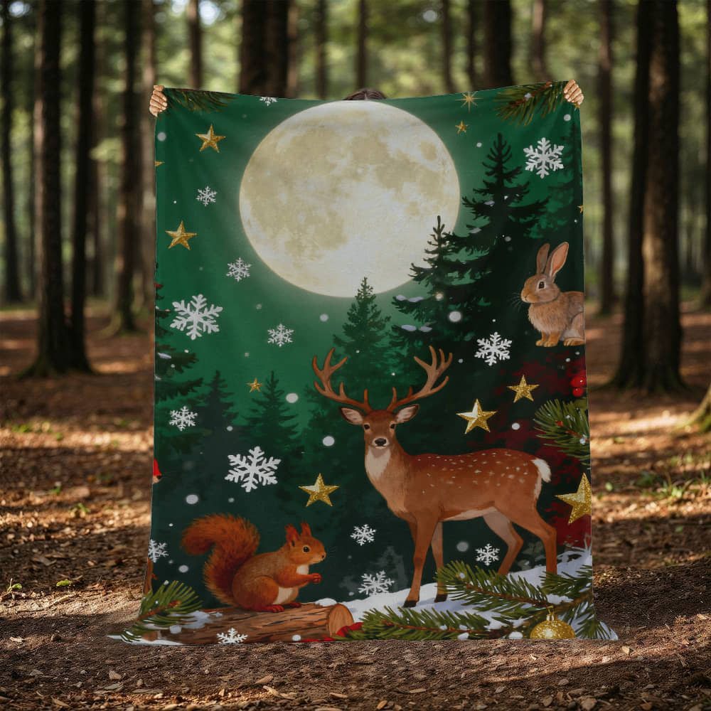 Forest Animals in Winter Snow Under a Full Moon - Mink Touch Fleece Blanket