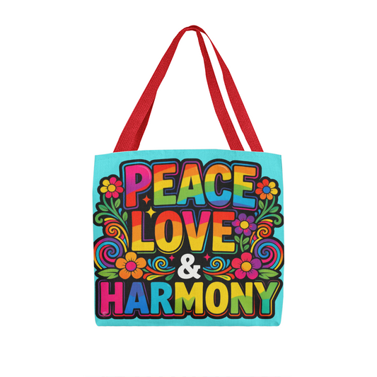 Peace Love and Harmony Boho Tote Bag in 3 Sizes and 5 Handle Colors