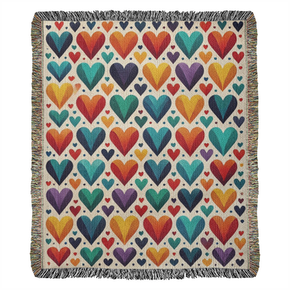 Chakra Colored Hearts 100% Cotton Yarn Artwork 60" x 50" Woven Blanket