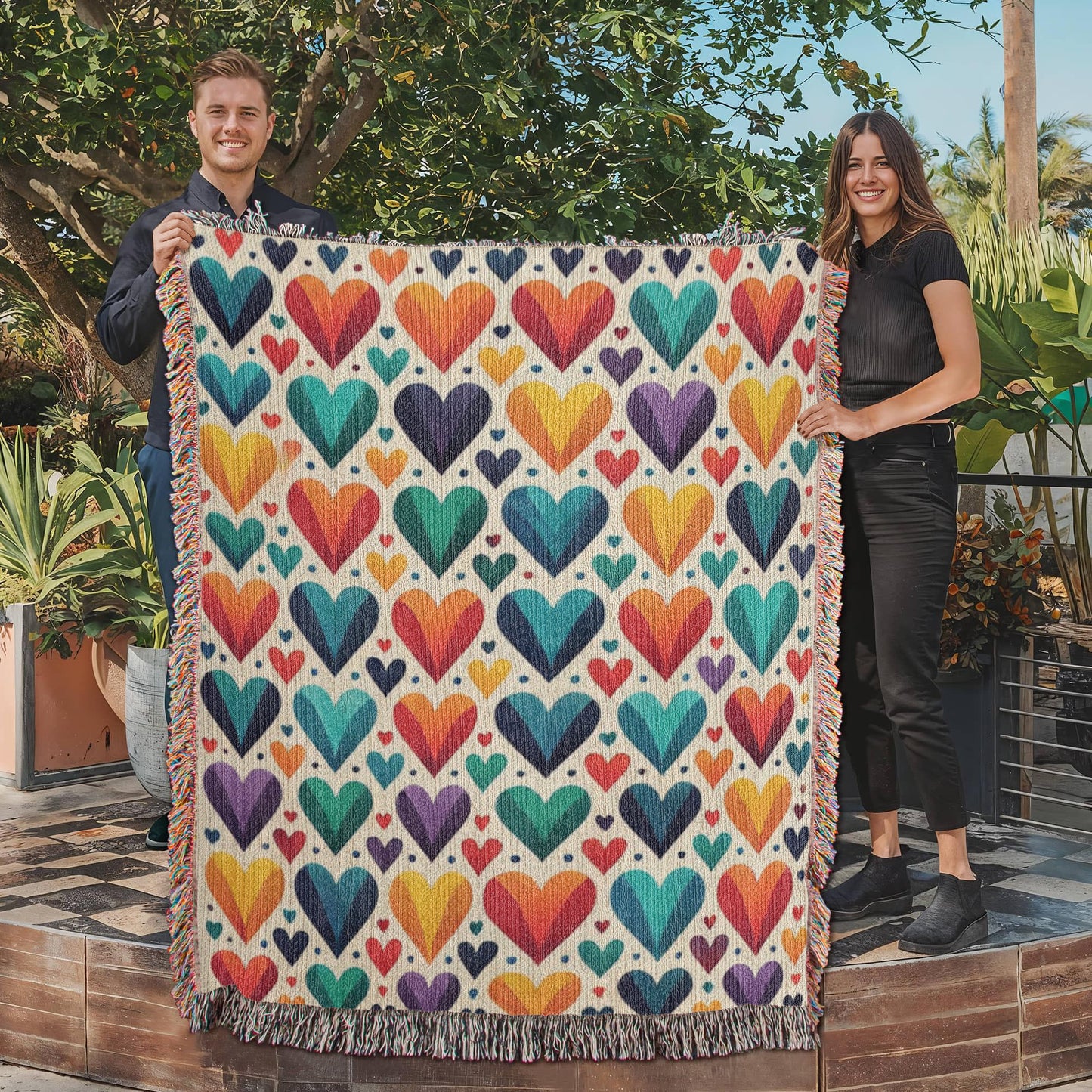 Chakra Colored Hearts 100% Cotton Yarn Artwork 60" x 50" Woven Blanket