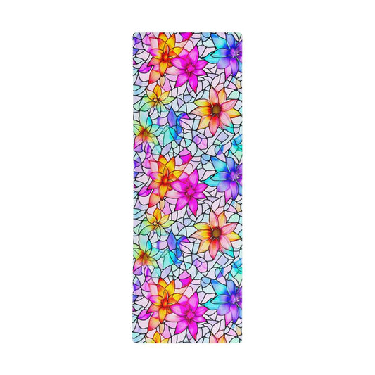 Stained Glass Flower Petals in Rainbow Chakra Colors - Yoga Mat with Rubber Backing for Stability