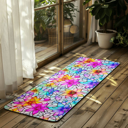 Stained Glass Flower Petals in Rainbow Chakra Colors - Yoga Mat with Rubber Backing for Stability