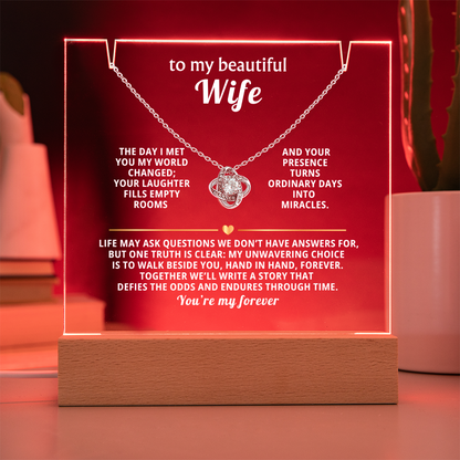 To My Beautiful Wife, You're My Forever - Love Knot Necklace Message Card Keepsake Acrylic Wooden 7 Color LED Base